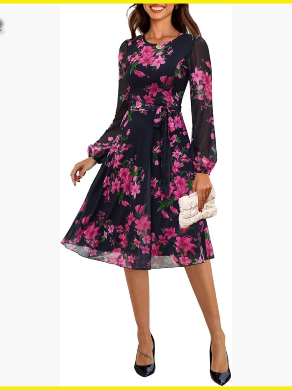 Mesh Floral Midi Dress Elegant Cocktail Party Wedding Guest A Line Flowy